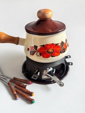 Vintage Fondue Set Floral Enamel Pot with Stand and Forks Retro